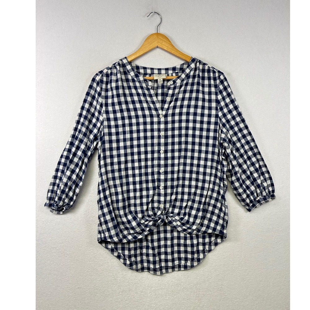 St Johns Bay Gingham Button Front Top Womens Petite PM Navy Blue Tie Knot Blouse